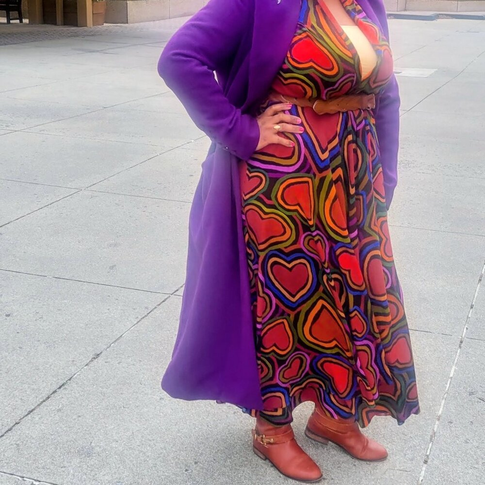 FARM Rio Purple Trench with Multicolor Heart-Print Maxi Dress
